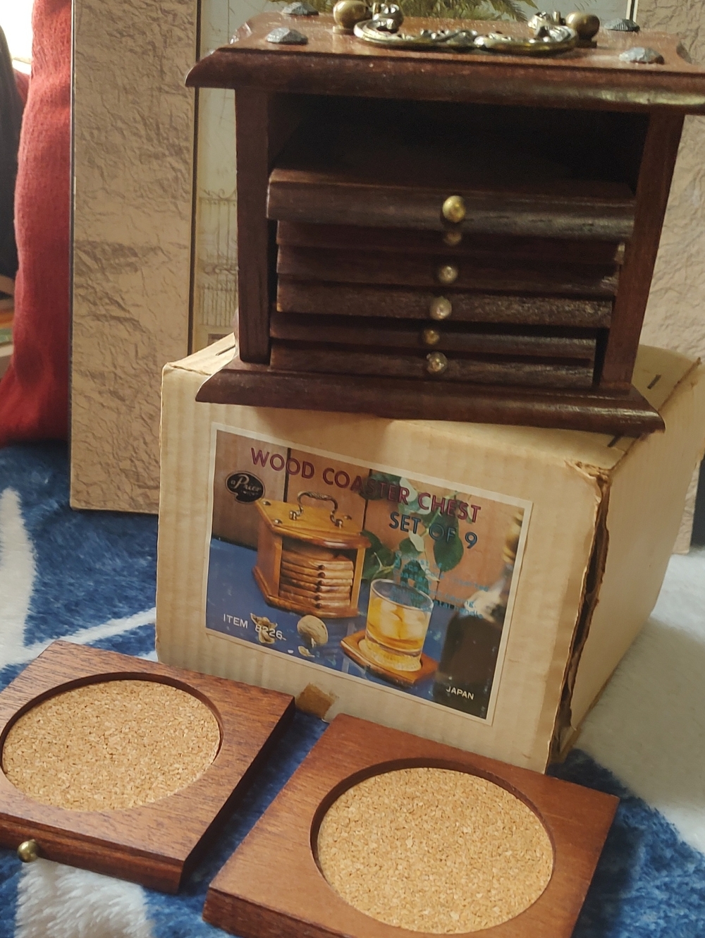 Wood Coaster Chest Set of 9 -vintahe Dark Brown Wooden Box - Picture 3 of 13